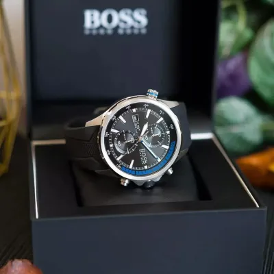 Hugo Boss Globetrotter Black Dial Black Silicone Strap Watch